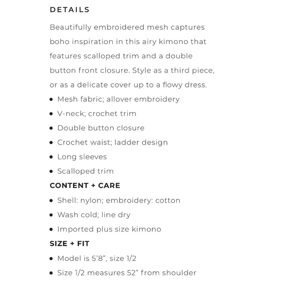 Torrid Women’s Plus Size Ivory Mesh Embroidered Duster Kimono - Picture 5 of 14